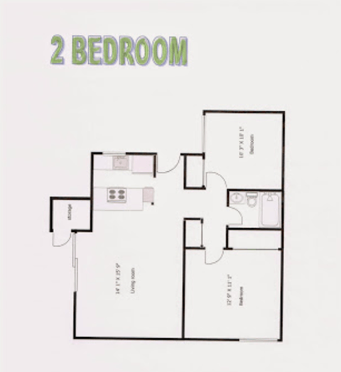Floor plan for 2 beds, 1 bath, 699 sqft